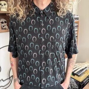 Vintage 90s Black Abstract Print Rayon S/S Button Down Shirt ~ Size Medium